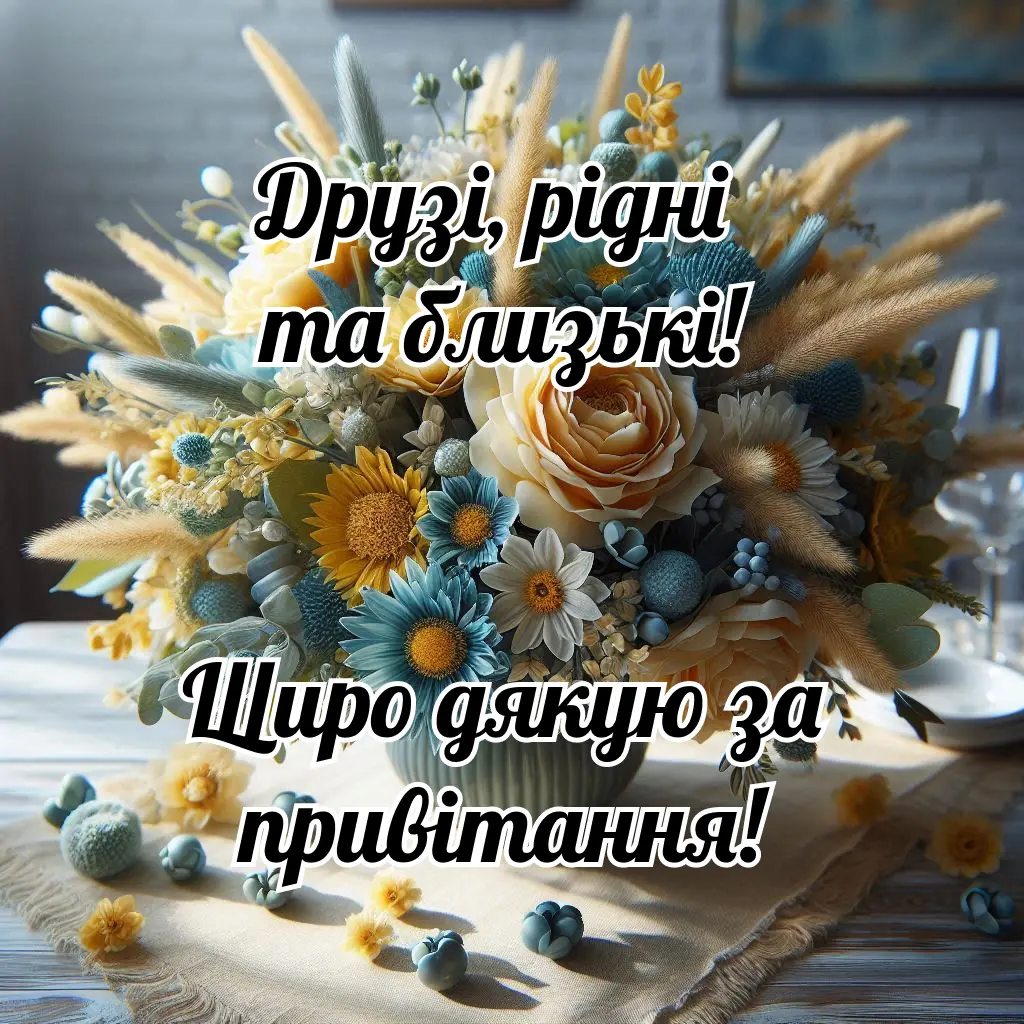 Квіти з українським текстом подяки за привітання.
