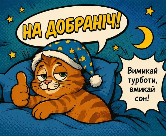 Кіт у шапці каже добраніч і закликає спати.
