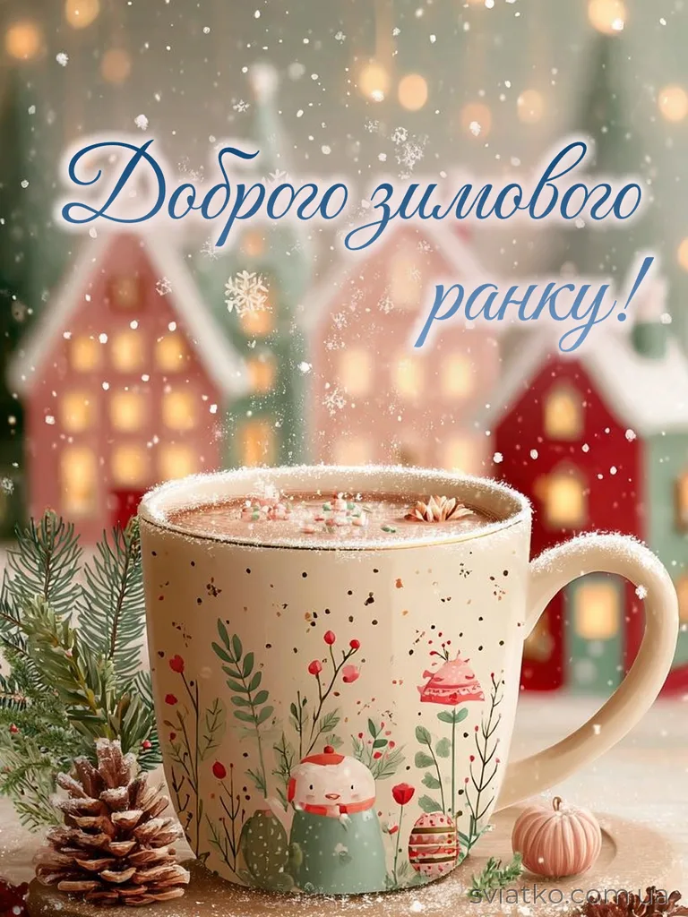 Гарячий шоколад у чашці з сніговиком на фоні зимового містечка.