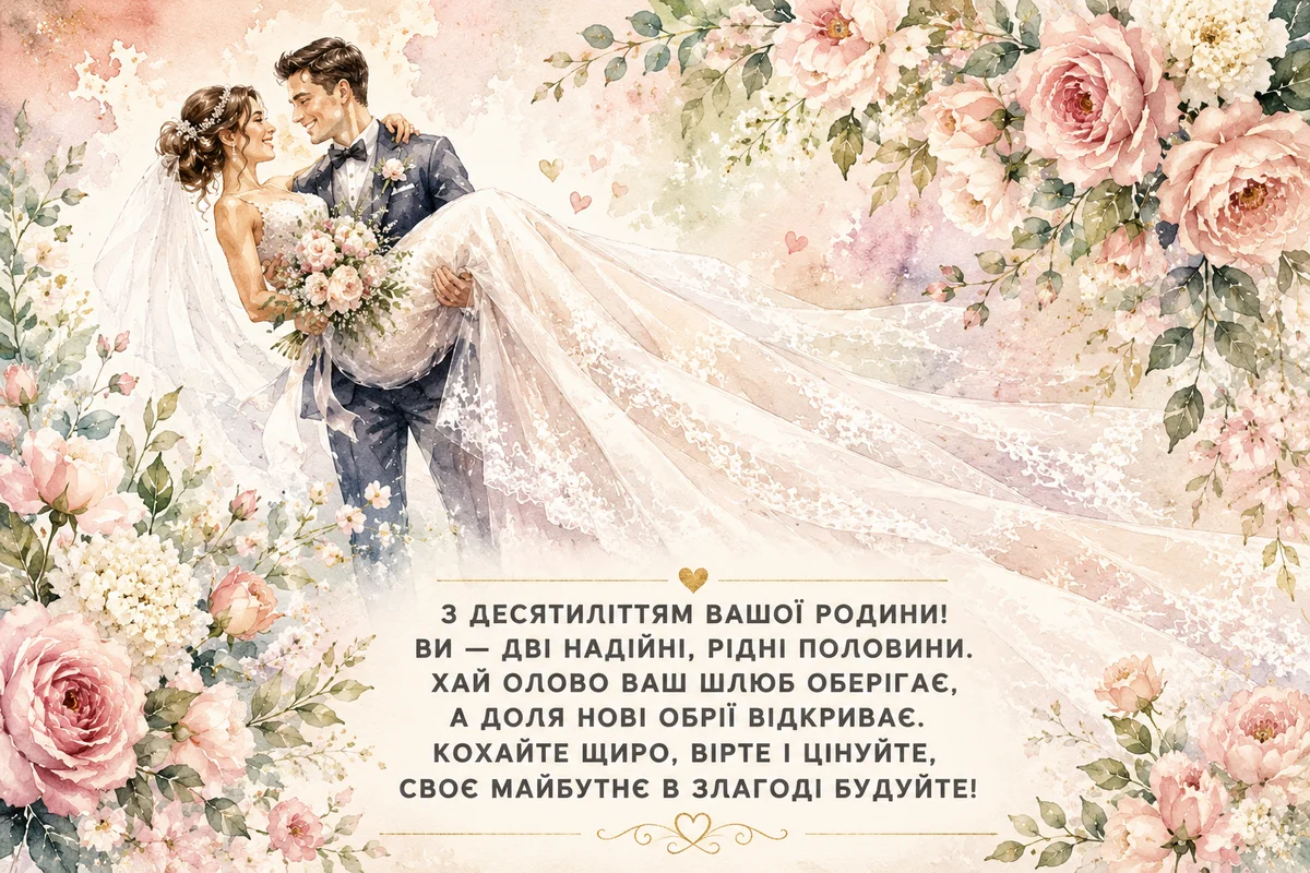Весільна пара з квітами та привітанням на десятиліття.