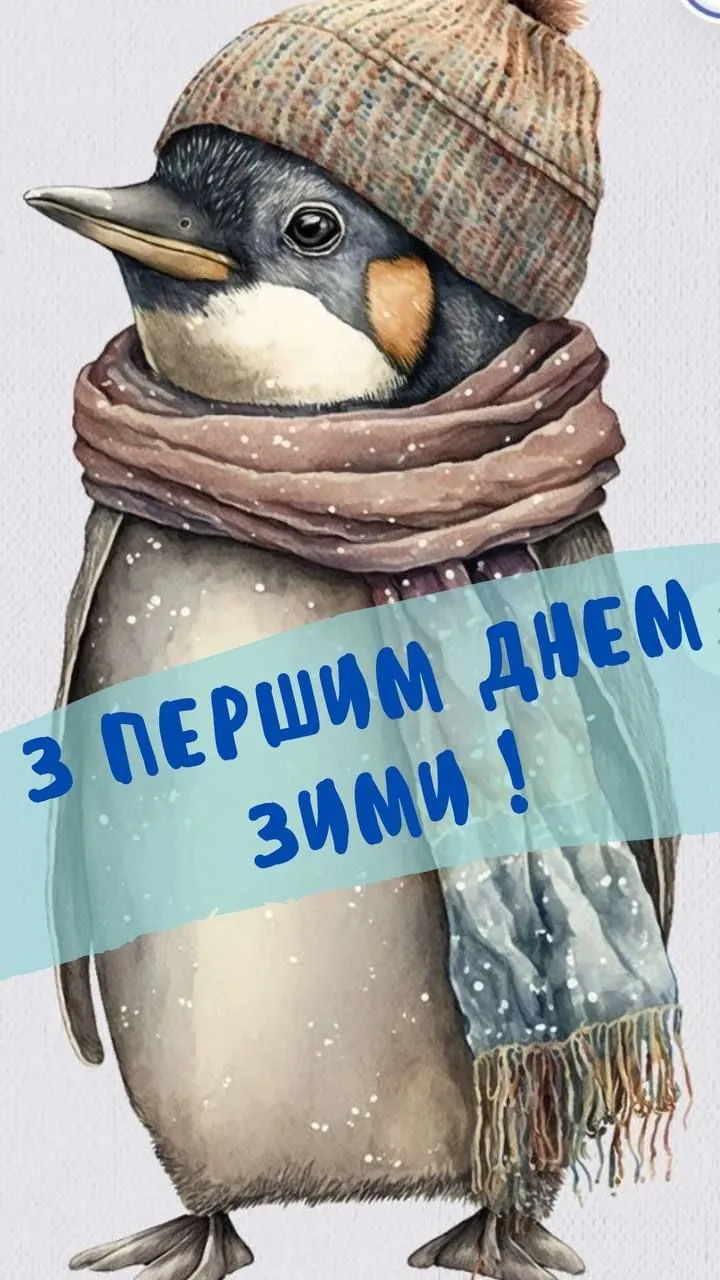 Пінгвін у шапці та шарфі з привітанням на перший день зими.