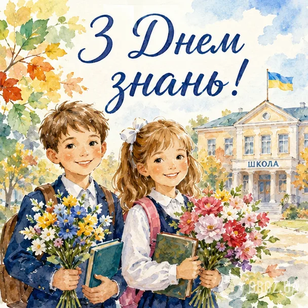 Діти з квітами та книгами біля школи. Вітаємо з початком навчального року!