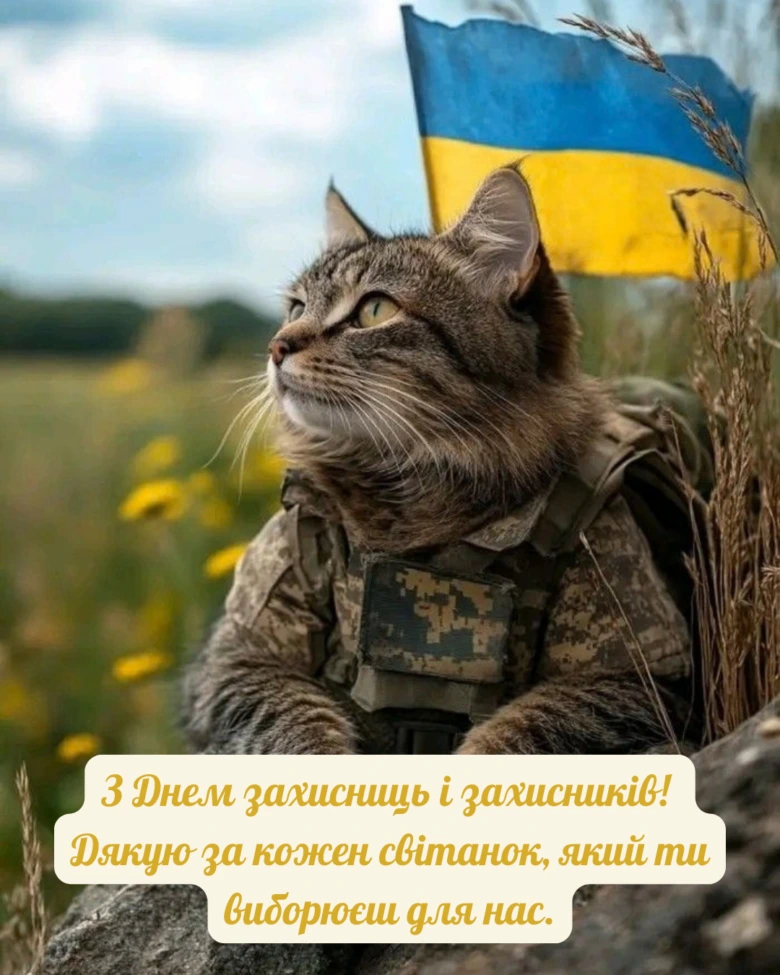 Кіт у військовій формі з прапором України та привітанням захисникам.