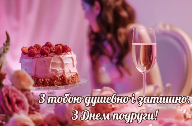 Торт з ягодами та шампанське для подруги.