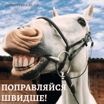 Білий кінь з комічною гримасою та текстом про швидке одужання.