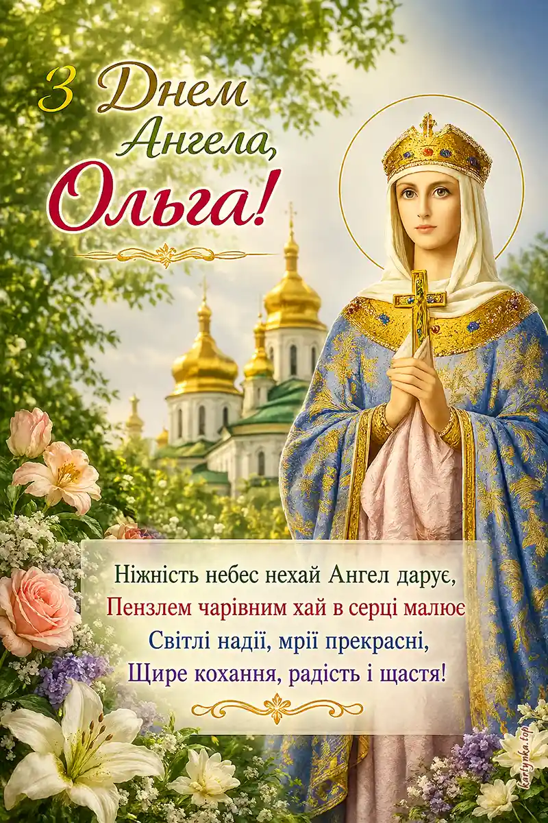 Картка з днем ангела Ольги зі святковою іконографією та квітами