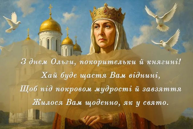 Свята ікона святої Ольги з птахами та церквою на фоні